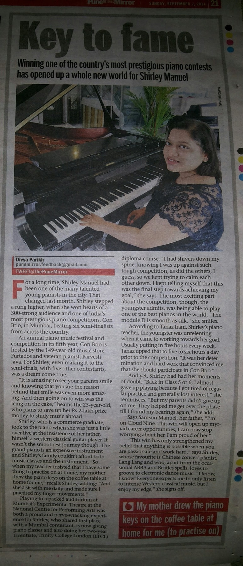 Pune Mirror, 7 September 2014: 'Key to fame', a feature on Shirley Manuel winning Con Brio