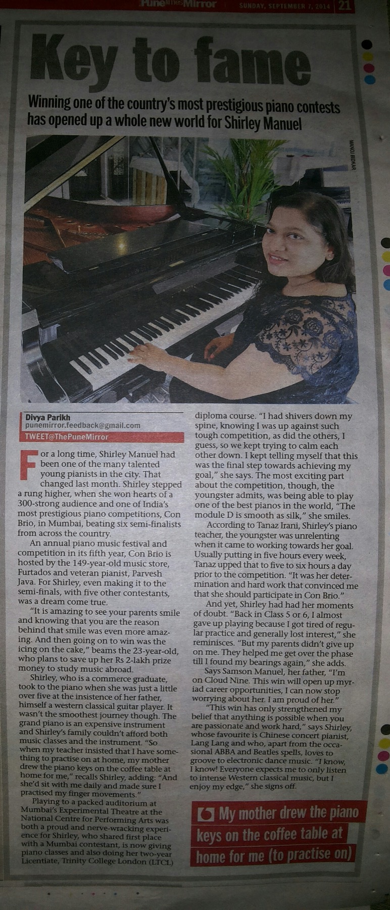 Pune Mirror, 7 September 2014 — 'Key to fame', a feature on Shirley Manuel winning Con Brio